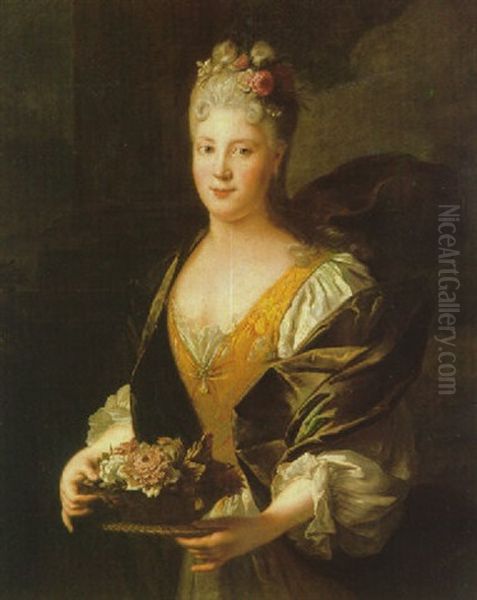 Portrait Of A Lady As Flora, Wearing A White Dress With A Green Shawl, Holding A Basket Of Flowers, Standing Before A Column Oil Painting by Antoine Pesne