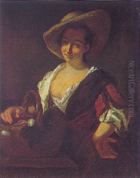 A Peasant Girl With A Straw Hat Beside A Basket Of Vegetables On A Stone Ledge Oil Painting by Antoine Pesne