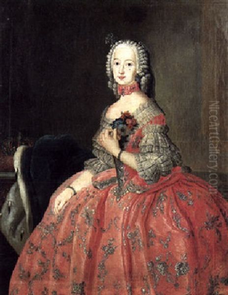 Portrait Of A Lady Seated Beside A Table With A Crown, Wearing A Pink Dress, Holding A Posy Of Flowers Oil Painting by Antoine Pesne