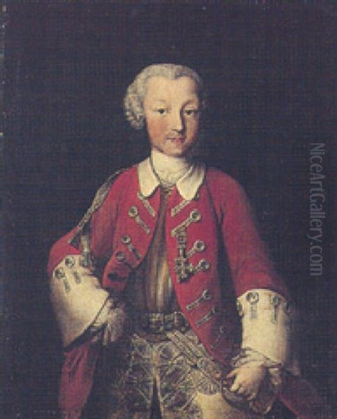 Portrait Of A Young Boy Wearing A Scarlet Tunic, His Right Hand Resting On A Sword Oil Painting by Antoine Pesne