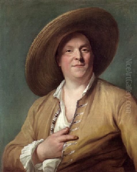 Portrait Of A Gentleman In A Yellow Jacket And Straw Hat Oil Painting by Antoine Pesne