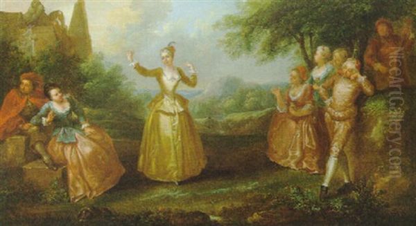 Eine Dame Tanzt Vor Einer Eleganten Gesellschaft Im Freien Oil Painting by Antoine Pesne