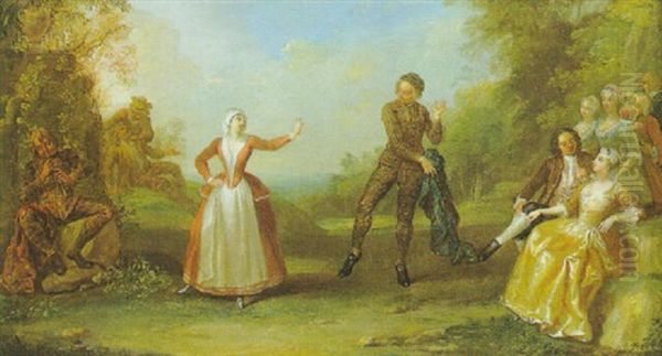 Tanzendes Paar Vor Einer Eleganten Gesellschaft Im Freien Oil Painting by Antoine Pesne