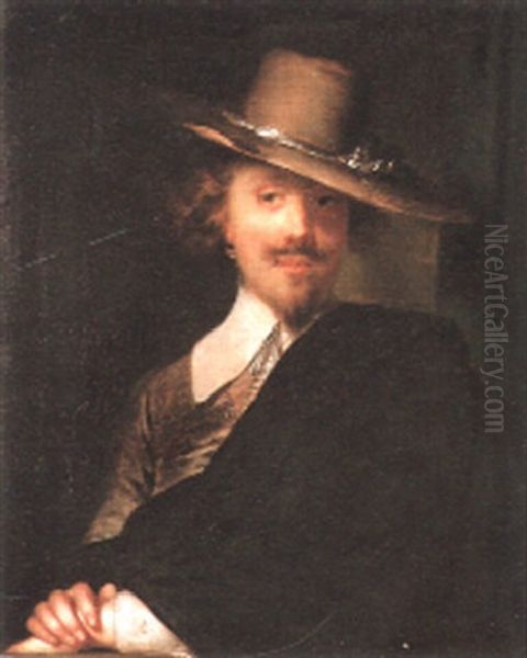 Portrait Of A Gentleman, Half Length, Wearing A Wide Brimmed Grey Hat Oil Painting by Antoine Pesne