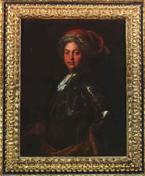 Portrait Of A Nobleman, Wearing Armour And A Red Bonnet Oil Painting by Antoine Pesne