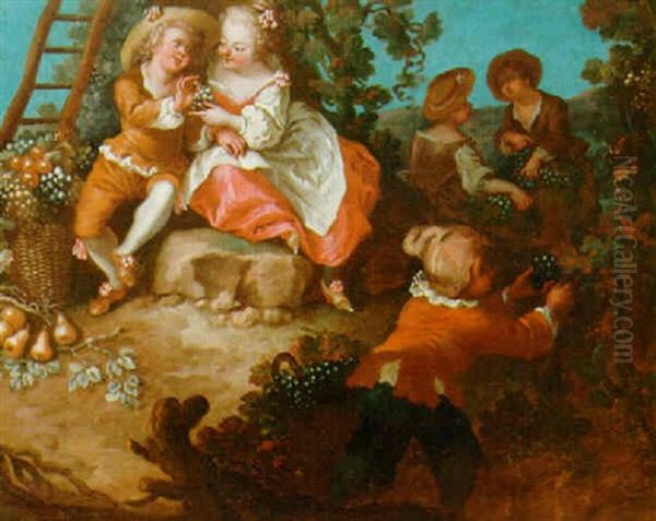 Harvest Scene With Figures Picking Grapes And An Amorous Couple Seated On A Rock Oil Painting by Antoine Pesne