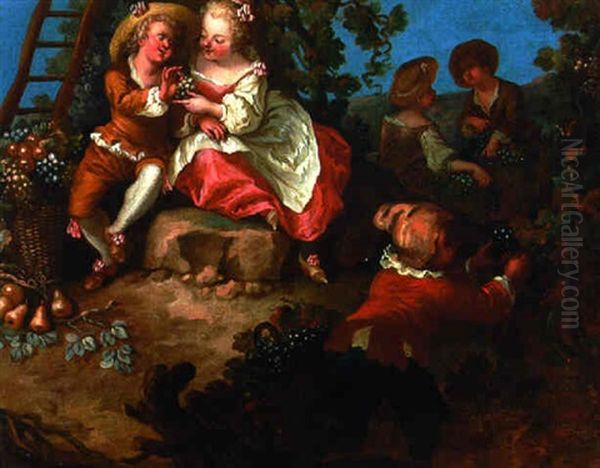 Children Picking Grapes - Autumn Oil Painting by Antoine Pesne