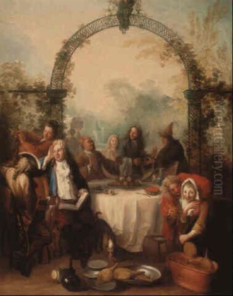 Elegant Figures At A Banquet In A Garden Setting Oil Painting by Antoine Pesne