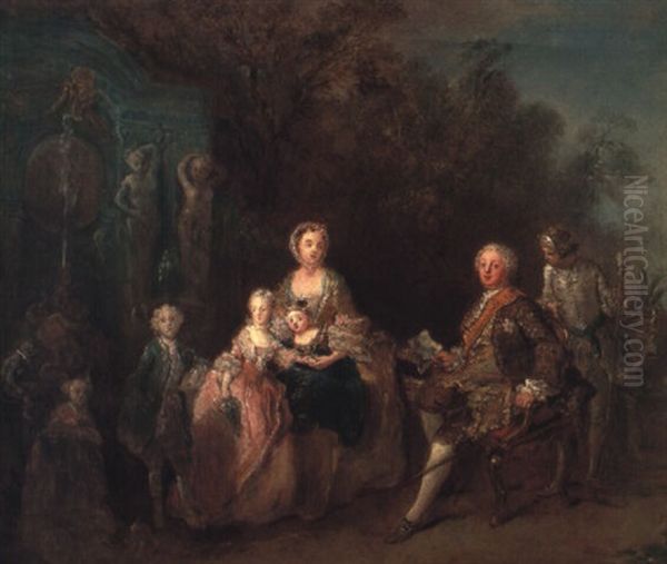 Portrait D'un Homme D',tat Et De Sa Famille Dans Un Parc Oil Painting by Antoine Pesne