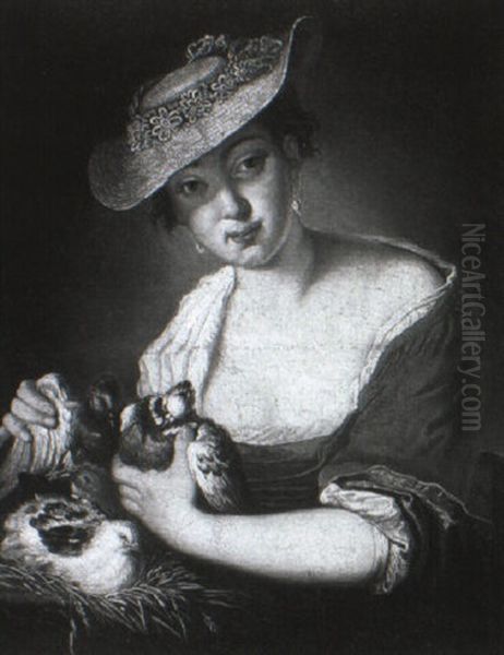 Jeune Fille Au Chapeau De Paille Tenant Deux Pigeons Pres D'un Nid Oil Painting by Antoine Pesne