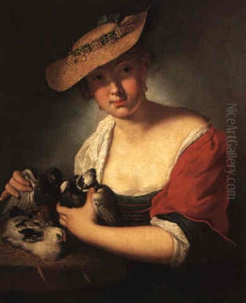 Girl In A Straw Hat Holding Pigeons With Birds On A Ledge Oil Painting by Antoine Pesne