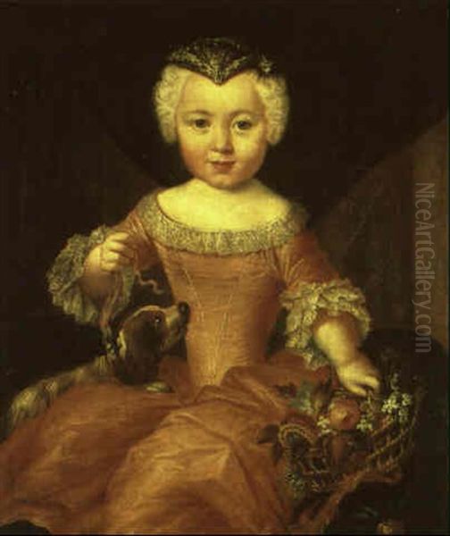 Portrait Of A Young Girl With A Spaniel And A Basket Of Flowers Oil Painting by Antoine Pesne