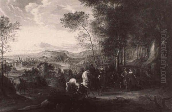 Paysage Vallone Avec Une Chasse Arretee Au Bord D'un Bois Oil Painting by Antoine Pesne