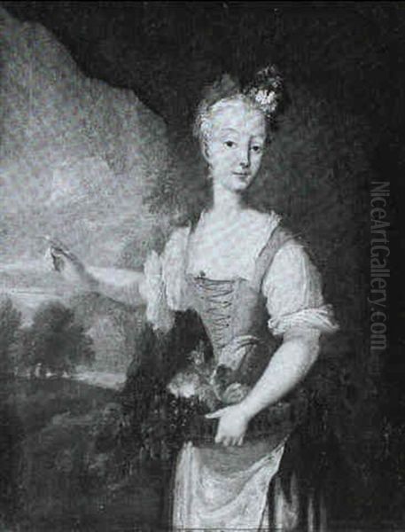 A Portrait Of A Young Lady, Three-quarter Length, Standing  Before A Landscape, Holding A Basket Of Fruit Oil Painting by Antoine Pesne