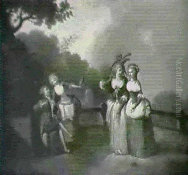 Elegant Ladies Strolling In A Garden Before A Loving Couple Seated On A Bench Oil Painting by Antoine Pesne