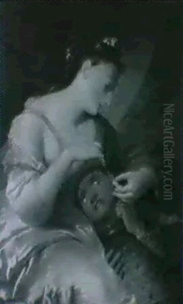 Jeune Femme Percant L'oreille D'un Petit Serviteur Oil Painting by Antoine Pesne