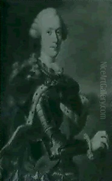 Portrait Of A Gentleman Said To Be Count Chevalier Standing Three-quarter Length In Armor Draped With A Blue Velvet Oil Painting by Antoine Pesne