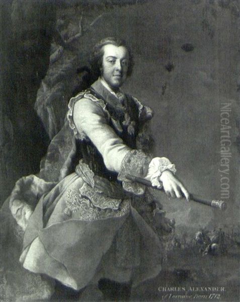 Portrait Of Charles-alexandre De Lorraine Wearing The Order Of The Golden Fleece And Holding A Marshall's Baton Oil Painting by Antoine Pesne