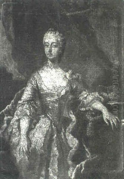 Portrait Of A Queen, Possibly Maria Leczinka, Standing      Three-quarter Length In A Draped Collonade Beside A Table Oil Painting by Antoine Pesne