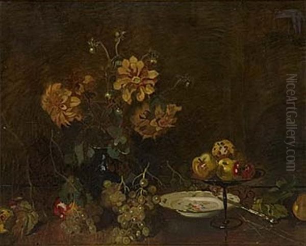 Stilleben Med Dahlia, Applen Och Druvor Oil Painting by Axel Peter