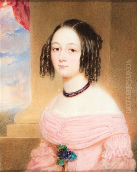 A Portrait Of A Countess Szechy In A Pink Dress Kleid With A Bouquet Of Violets Against A Column And Cloudy Background Oil Painting by Emanuel Thomas Peter