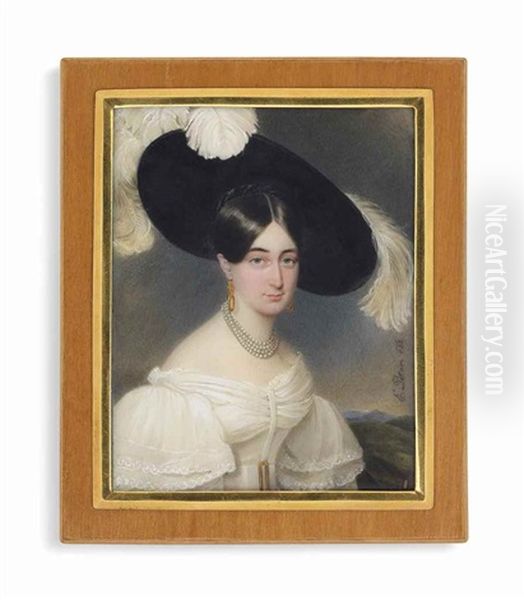 A Young Lady, In White Dress, Wearing Four-strand Pearl Necklace, Gold Earrings, Large Black Hat With White Ostrich Plumes; Landscape Background Oil Painting by Emanuel Thomas Peter