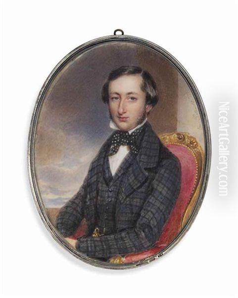 A Gentleman, Seated In A Red Upholstered Gilt Chair, In Blue And Black Checked Suit, White Spotted Cravat Oil Painting by Emanuel Thomas Peter