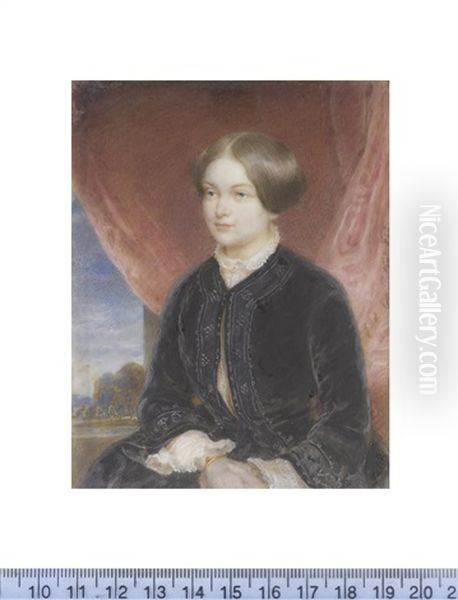 Baroness Marie Freifrau Von Ebner-eschenbach Nee Dubsky (1830-1916), Seated Before Red Drapery, Wearing Black Dress And Matching Coat Oil Painting by Emanuel Thomas Peter