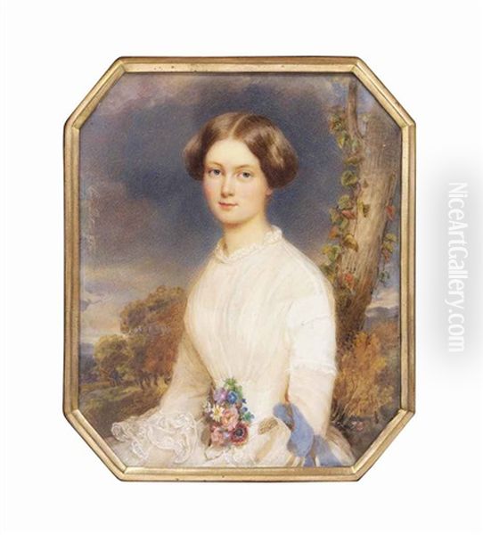 Countess Caroline Wimpffen, Nee Lamberg (b. 1830), Seated In A White Dress With Frilled Collar And Cuffs, A Posy Of Flowers At Her Waist, Her Dark Hair Upswept; Tree And Landscape Background Oil Painting by Emanuel Thomas Peter