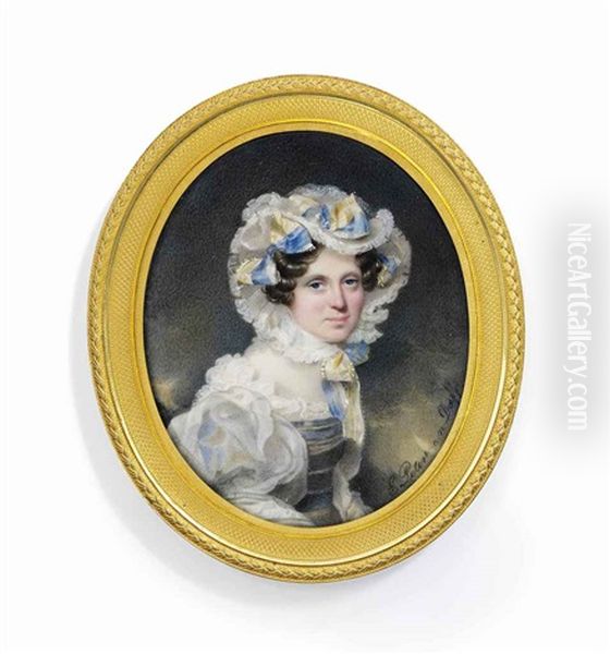 A Young Lady, In Frilled White Dress With Blue Bodice And Voluminous White Sleeves, Frilled White Bonnet Adorned With Yellow And Blue Striped Ribbon Tied In Bows And Fastened Under Her Chin Oil Painting by Emanuel Thomas Peter