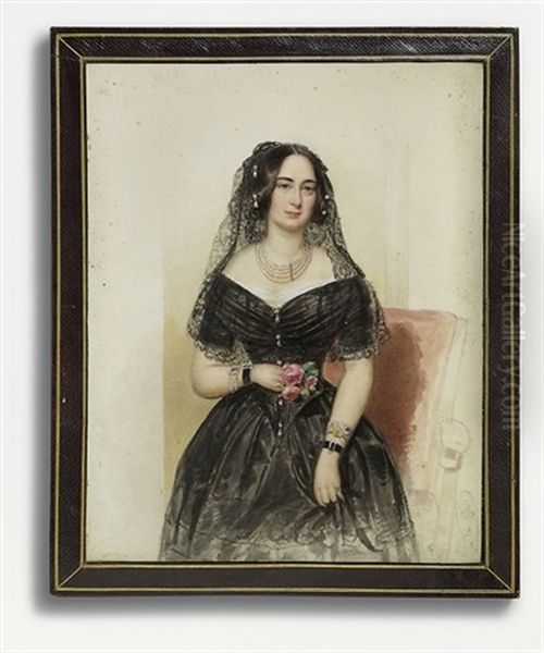 A Lady, In Black Satin Decollete Dress, Bordered With White Lace, Diamond And Pearl Buttons, Four-strand Pearl Necklace, Black Velvet Bracelets With Diamond Buckles On Both Wrists Oil Painting by Emanuel Thomas Peter