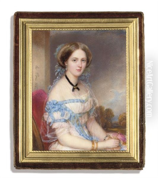 A Young Lady, In White Dress With Blue Ribbons At Corsage Oil Painting by Emanuel Thomas Peter