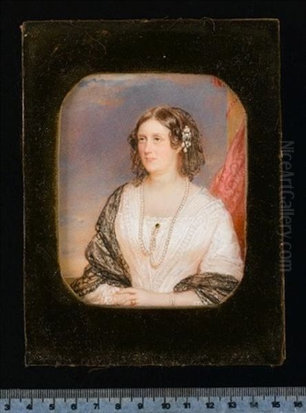 A Lady, Wearing White Dress Trimmed With Lace, Black Lace Shawl, Long String Of Pearls Held At Her Corsage With Emerald Brooch by Emanuel Thomas Peter