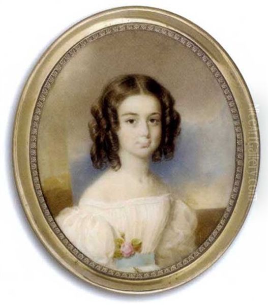 A Girl In White Dress With Voluminous Sleeves, Pink Rose And Foliage Tucked Into Her Blue Sash, Her Dark Brown Hair Dressed In Ringlets, Pillar, Sky And Cloud Background Oil Painting by Emanuel Thomas Peter