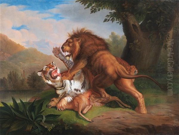 A Tiger And A Lion Fight Over A Fawn Oil Painting by Wenceslaus (Wenzel) Peter