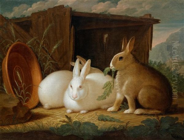 Three Hares In A Landscape Oil Painting by Wenceslaus (Wenzel) Peter