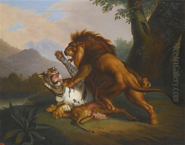 A Lion And Tiger In Combat Oil Painting by Wenceslaus (Wenzel) Peter