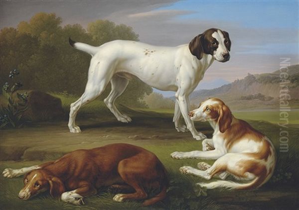 A Pointer And Two Setters In A Classical Landscape Oil Painting by Wenceslaus (Wenzel) Peter