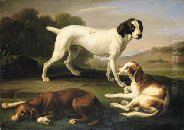 A Pointer And Two Setters In An Extensive Landscape Oil Painting by Wenceslaus (Wenzel) Peter