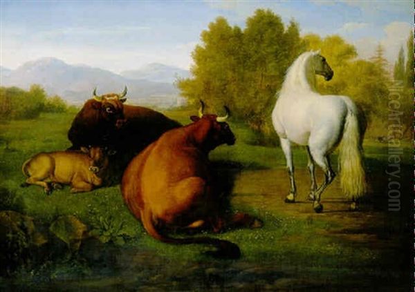 A Grey And Cows In A Field Oil Painting by Wenceslaus (Wenzel) Peter