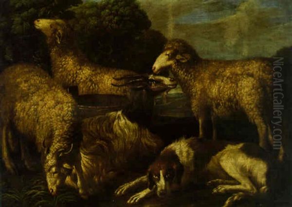 Sheep By A Goat And A Dog Oil Painting by Wenceslaus (Wenzel) Peter