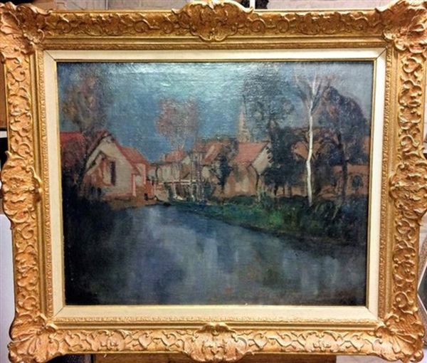 Village En Bord De Riviere Oil Painting by Adolphe Peterelle