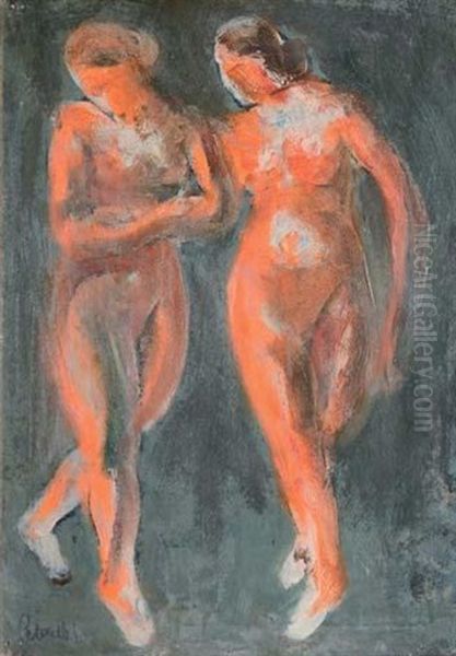 Deux Baigneuses Oil Painting by Adolphe Peterelle