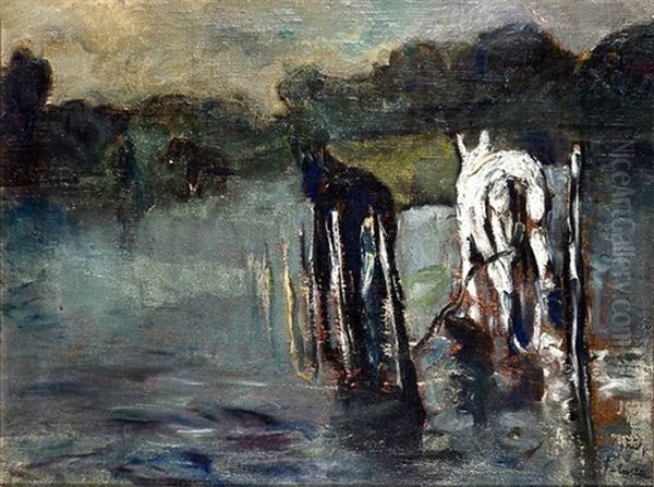 Chevaux Dans Le Gue (le Passage Des Eaux) Oil Painting by Adolphe Peterelle