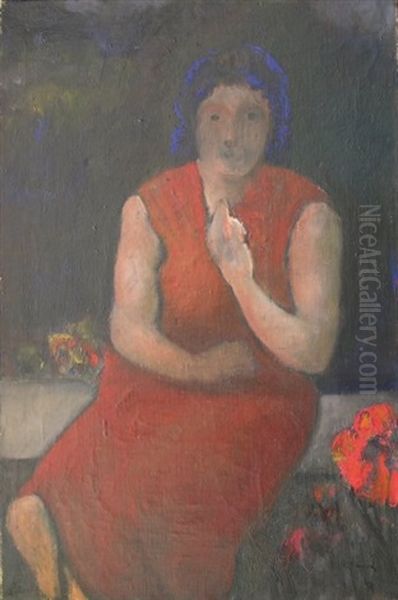 Femme En Robe Rouge Oil Painting by Adolphe Peterelle