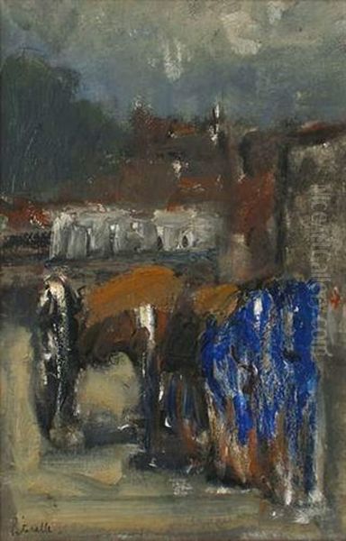 La Charrette Aux Chevaux Bleus Oil Painting by Adolphe Peterelle