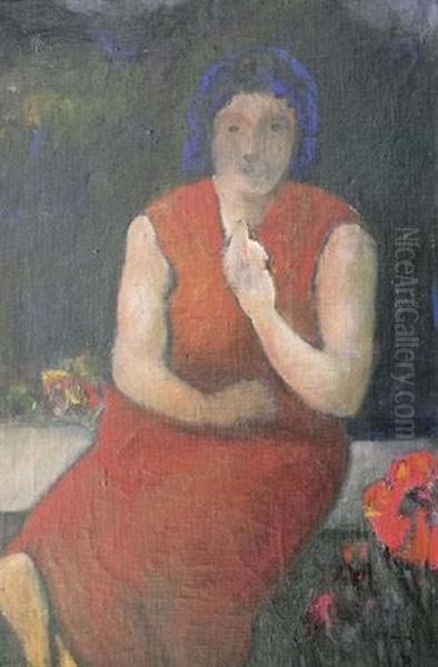 Femme En Robe Rouge Oil Painting by Adolphe Peterelle