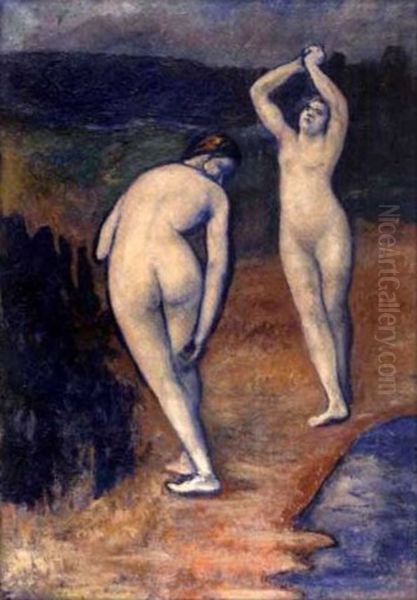 Deux Baigneuses Oil Painting by Adolphe Peterelle