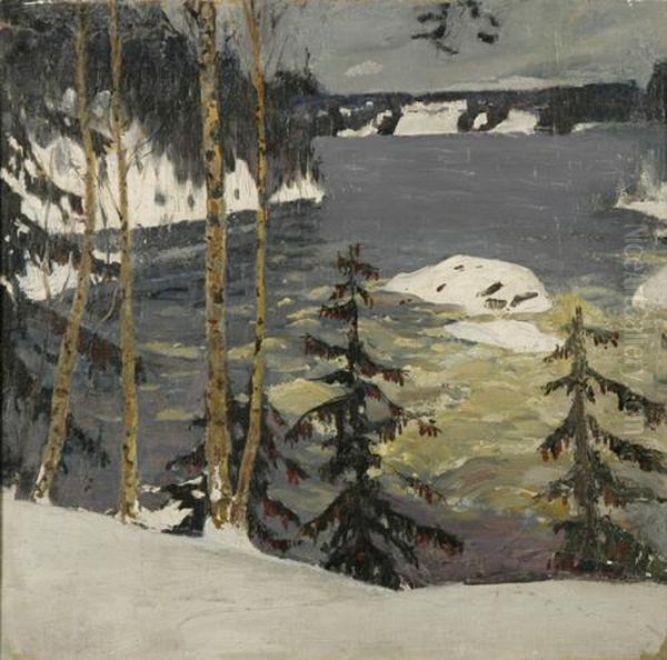 Paesaggio Fluviale Sotto La Neve Oil Painting by Grigory Mikhailovich Bobrovsky