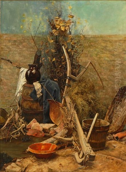 Garden Tools And Branches By A Wall Oil Painting by Anna Peters